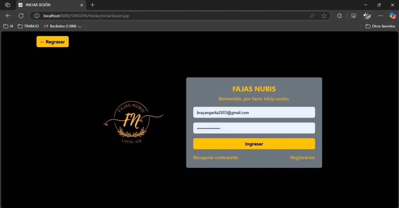 Pantalla de inicio de sesión del sistema Fajas Nubis