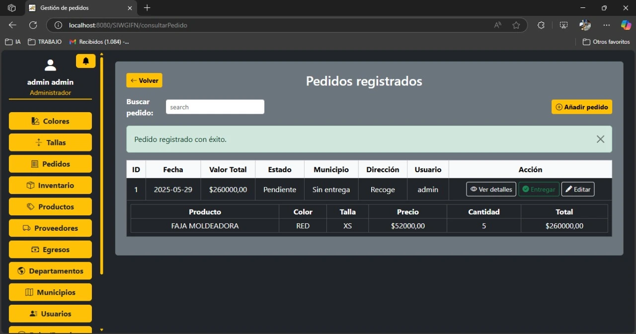 Interfaz de gestión de pedidos en Fajas Nubis