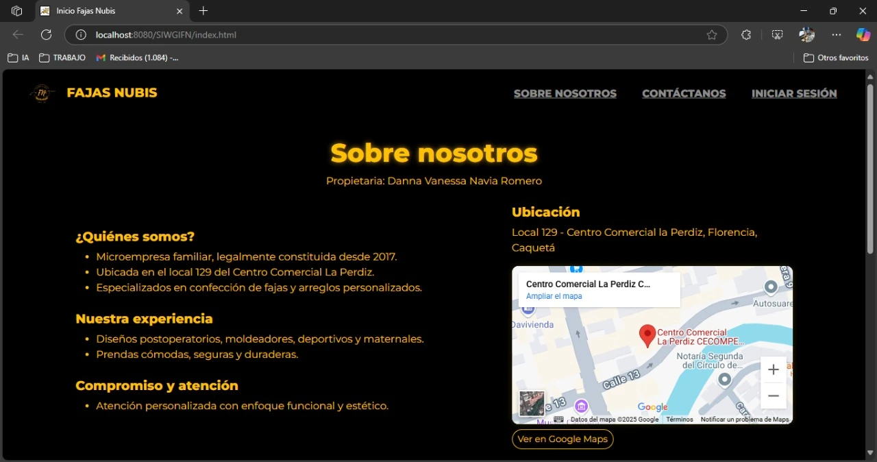 Sección informativa sobre la empresa Fajas Nubis