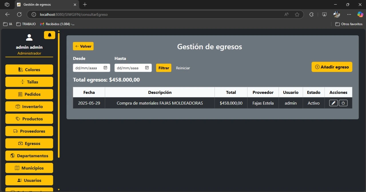 Pantalla de control de egresos en Fajas Nubis