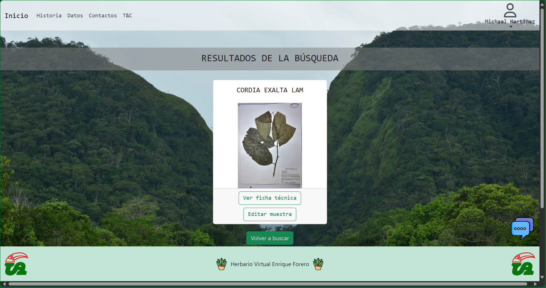 Resultados de búsqueda de especies en el sistema