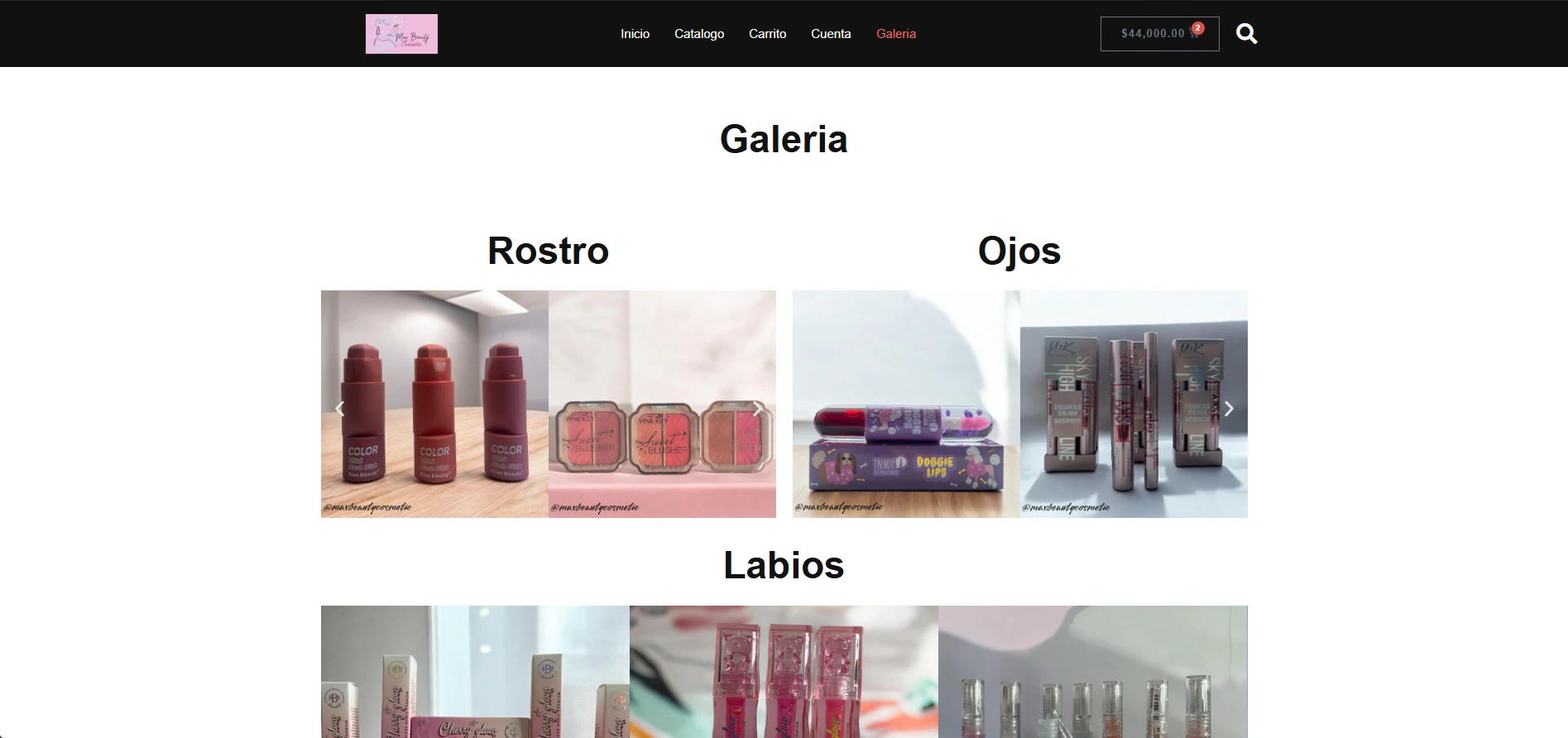 Galería visual de productos en la tienda