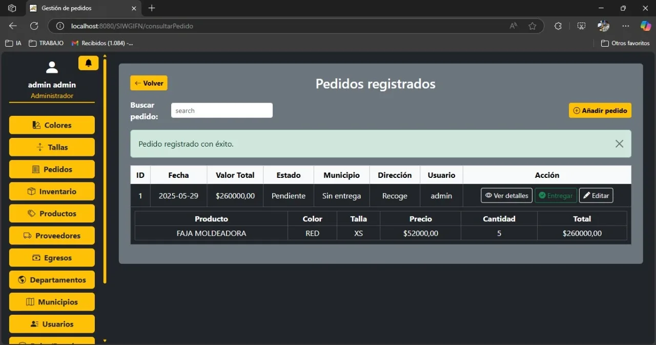 Interfaz de gestión de pedidos en Fajas Nubis