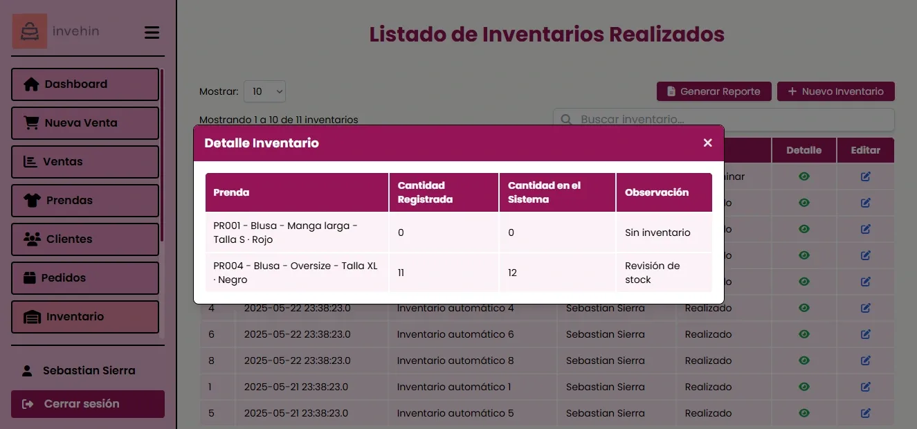 Vista de inventario Gestión de inventario